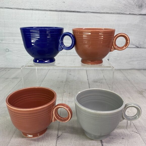 Vintage FIESTAWARE Blue Yellow & Two Pink Ring Handle Tea Coffee 6 oz Cups Set 4 - Picture 4 of 14